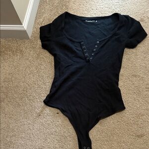 Black Short Sleeve Henley ribbed Bodysuit